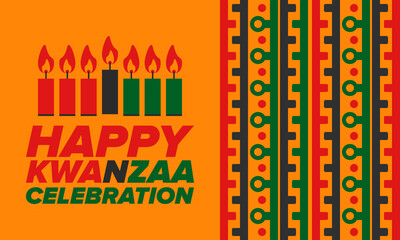 Kwanzaa Happy Celebration. African and African-American culture holiday. Seven days festival, celebrate annual from December 26 to January 1. Black history. Poster, card, banner and background. Vector