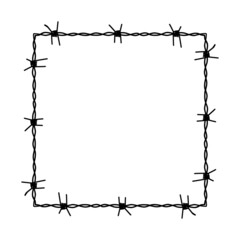 Barbed wire square frame. Black wire border. Silhouette of a chain made of wire. Vector illustration isolated on white background. Boundary, barrier, prison symbol. Barbwire corner frame design
