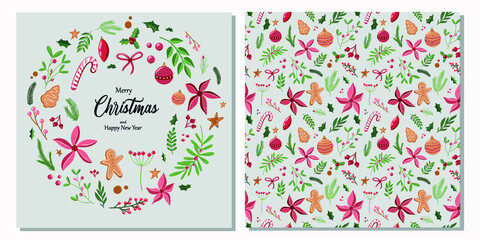 Merry Christmas greeting card with winter flowers and holiday symbols.