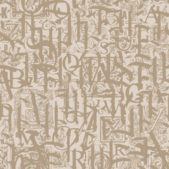 Fototapeta premium Abstract seamless pattern with gothic Latin letters and hand-drawn initial letters on a beige backdrop. Monochrome vector background in grunge style. Suitable for wallpaper, wrapping paper or fabric