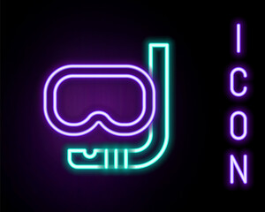 Glowing neon line Diving mask and snorkel icon isolated on black background. Extreme sport. Diving underwater equipment. Colorful outline concept. Vector