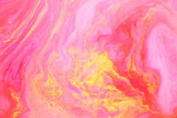 Fototapeta na wymiar Abstract colored marble background, stains of pink and yellow paint on the surface of the water. Liquid colorful backdrop.