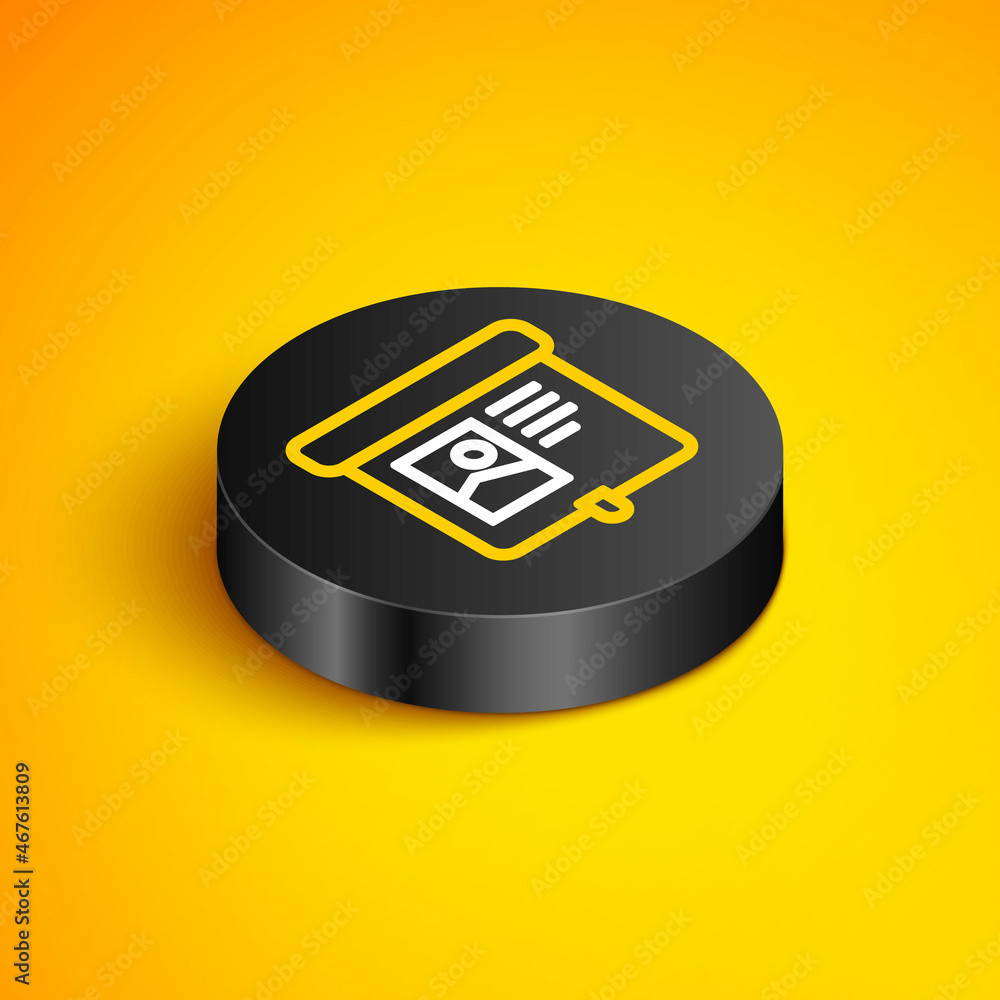 Poster isometric line projection screen icon isolated on yellow background. business presentation visual co