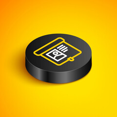 Isometric line Projection screen icon isolated on yellow background. Business presentation visual content like slides, infographics and video. Black circle button. Vector