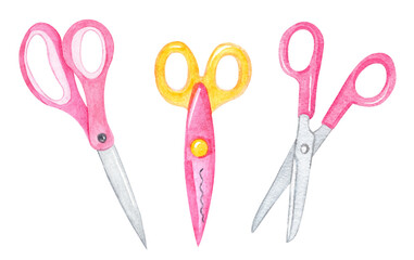 Watercolor pink scissors set isolated on white background - obrazy, fototapety, plakaty