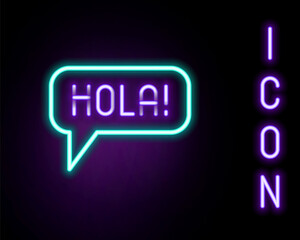 Glowing neon line Hola in different languages icon isolated on black background. Speech bubbles. Colorful outline concept. Vector © vector_v