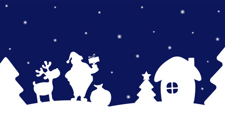 Vector silhouette of Santa Claus and reindeer on blue background. Christmas background for laser cut.