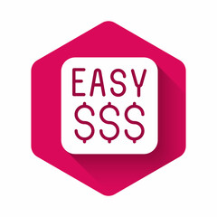 White Money prize in casino icon isolated with long shadow background. Pink hexagon button. Vector