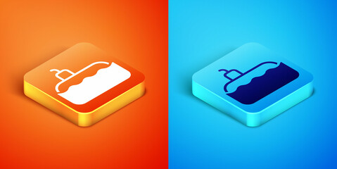 Isometric Submarine icon isolated on orange and blue background. Military ship. Vector