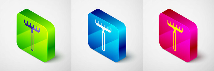 Isometric Garden rake icon isolated on grey background. Tool for horticulture, agriculture, farming. Ground cultivator. Housekeeping equipment. Square button. Vector