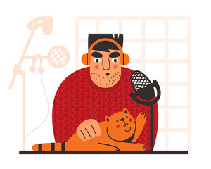 Vector illustration of a man leads a podcast. A man with a microphone and headphones stroking a cat.