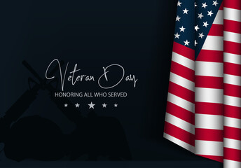 Veterans day background vector illustration, honoring all who served with USA flag waving. Veterans day parade with copy space