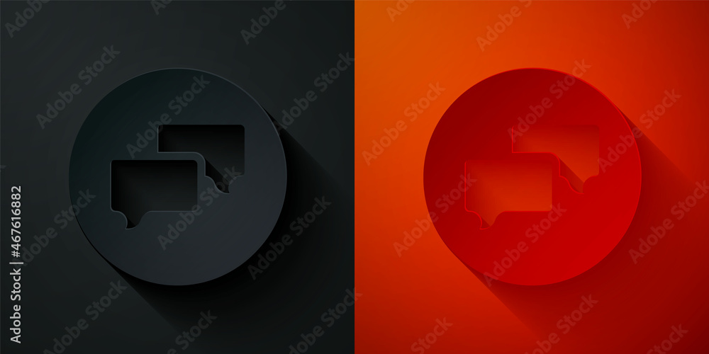 Poster paper cut speech bubble chat icon isolated on black and red background. message icon. communication 