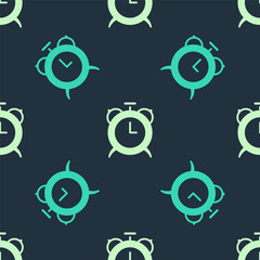 Green and beige Alarm clock icon isolated seamless pattern on blue background. Wake up, get up concept. Time sign. Vector