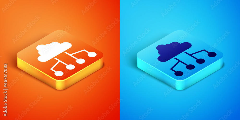 Poster isometric network cloud connection icon isolated on orange and blue background. social technology. c