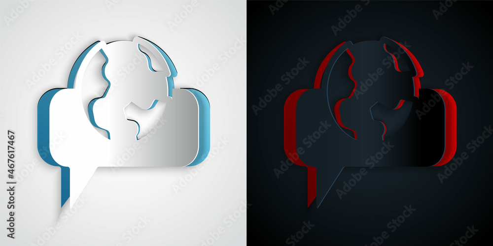 Poster paper cut learning foreign languages icon isolated on grey and black background. translation, langua