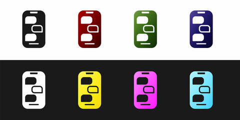 Set New chat messages notification on phone icon isolated on black and white background. Smartphone chatting sms messages speech bubbles. Vector