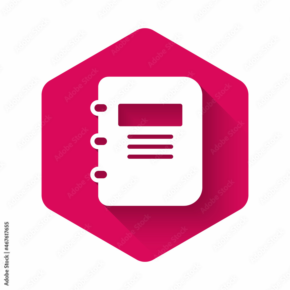 Poster white notebook icon isolated with long shadow background. spiral notepad icon. school notebook. writ
