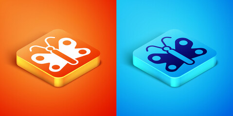 Isometric Butterfly icon isolated on orange and blue background. Vector
