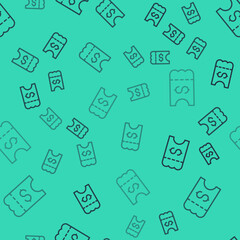 Black line Lottery ticket icon isolated seamless pattern on green background. Bingo, lotto, cash prizes. Financial success, prosperity, victory, winnings luck. Vector