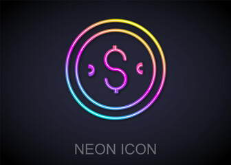 Glowing neon line Coin money with dollar symbol icon isolated on black background. Banking currency sign. Cash symbol. Vector