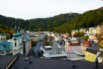 Karlovy Vary, Czech Republic - October 11, 2019: View of Karlovy Vary in Bohemia. Czechia