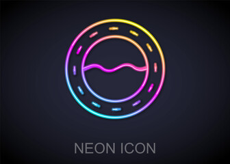 Glowing neon line Ship porthole with rivets and seascape outside icon isolated on black background. Vector