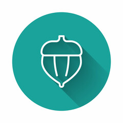 White line Acorn icon isolated with long shadow background. Green circle button. Vector