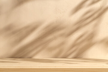 Podium wooden table on stucco background with branch shadow on the wall. Mock up for branding...