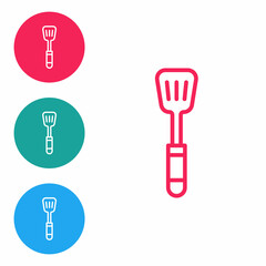Red line Spatula icon isolated on white background. Kitchen spatula icon. BBQ spatula sign. Barbecue and grill tool. Set icons in circle buttons. Vector