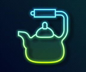 Glowing neon line Kettle with handle icon isolated on black background. Teapot icon. Vector