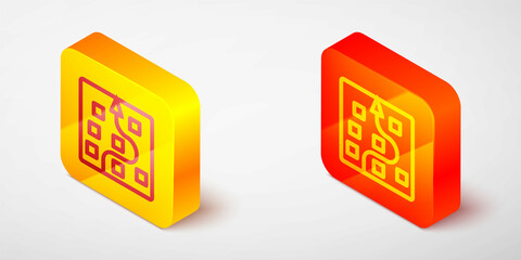 Isometric line Neural network icon isolated on grey background. Artificial intelligence AI. Yellow and orange square button. Vector