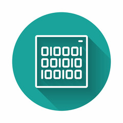 White line Binary code icon isolated with long shadow background. Green circle button. Vector