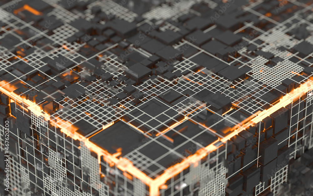 Poster cubes and materials, circuits and lines, 3d rendering.