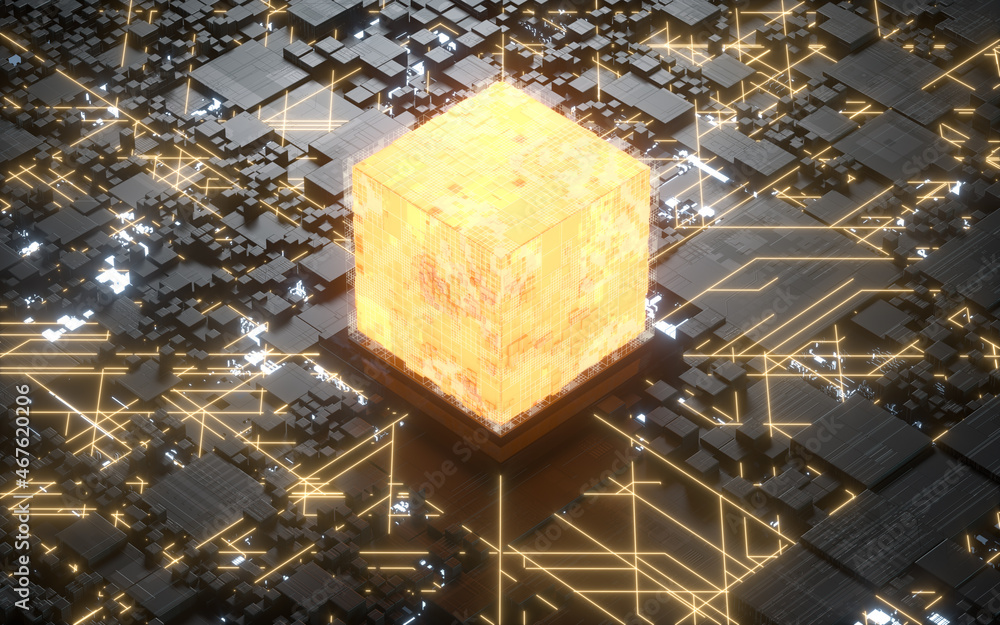 Poster cubes and materials, circuits and lines, 3d rendering.