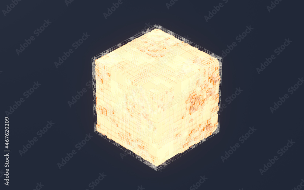 Poster cubes and materials, circuits structure, 3d rendering.