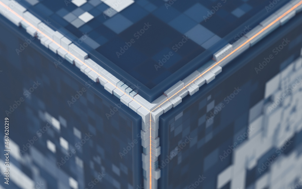 Poster cubes and materials, circuits structure, 3d rendering.