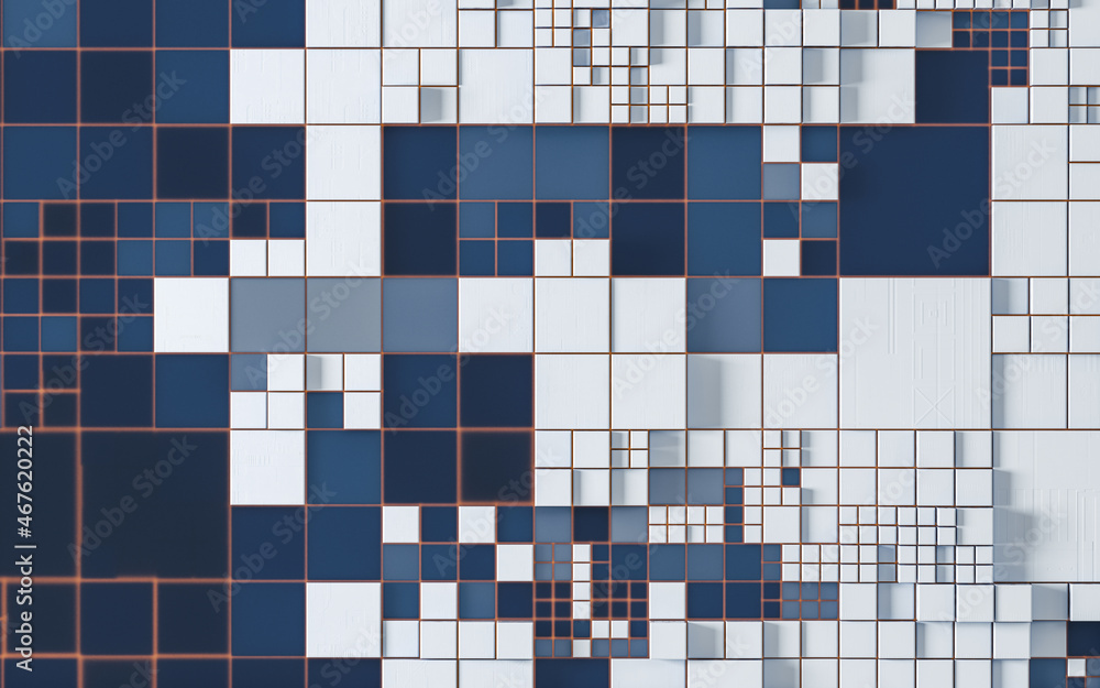 Poster cubes and materials, circuits structure, 3d rendering.