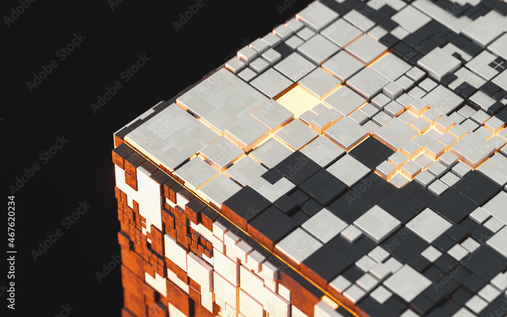 Poster cubes and materials, circuits structure, 3d rendering.