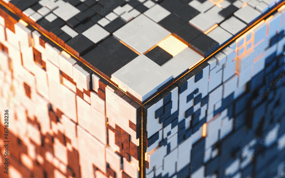 Poster cubes and materials, circuits structure, 3d rendering.