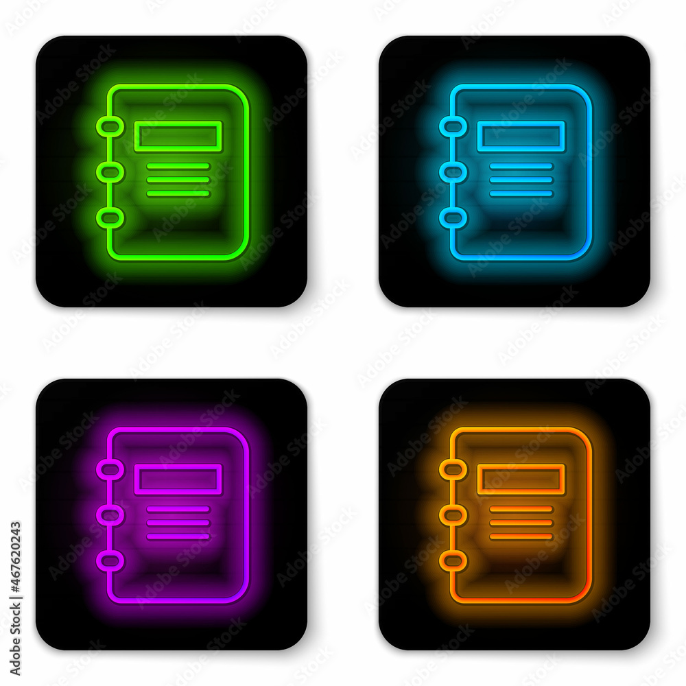 Poster glowing neon line notebook icon isolated on white background. spiral notepad icon. school notebook. 