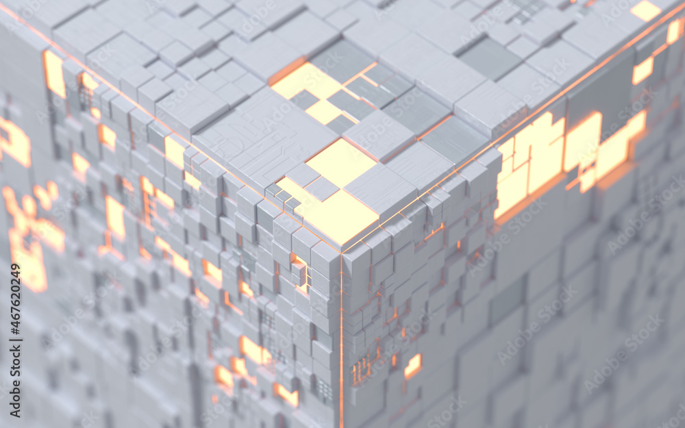 Poster cubes and materials, circuits structure, 3d rendering.