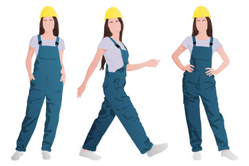Young woman wears a blue overall and yellow helmet. Vector flat-style illustrations set isolated on white. Eps10