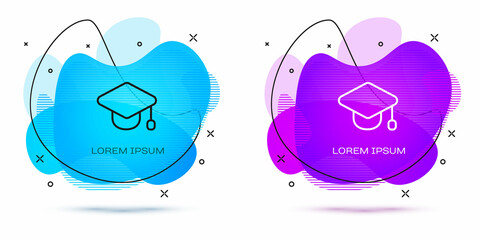Line Graduation cap icon isolated on white background. Graduation hat with tassel icon. Abstract banner with liquid shapes. Vector