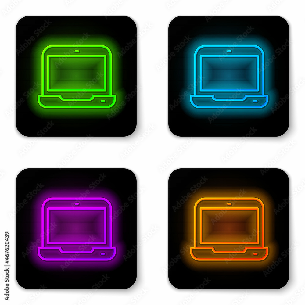 Poster glowing neon line laptop icon isolated on white background. computer notebook with empty screen sign