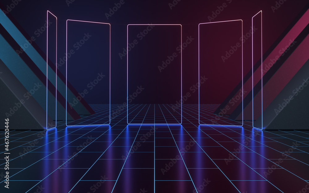 Poster neon light in the empty room, 3d rendering.