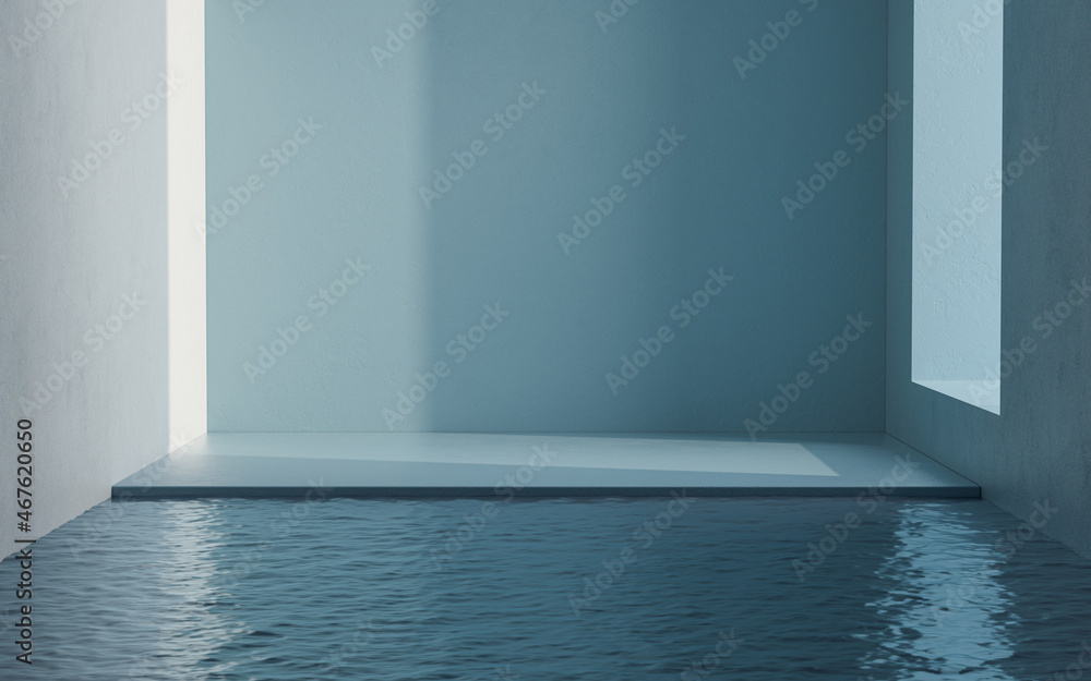 Poster floor and water in a empty room, 3d rendering.