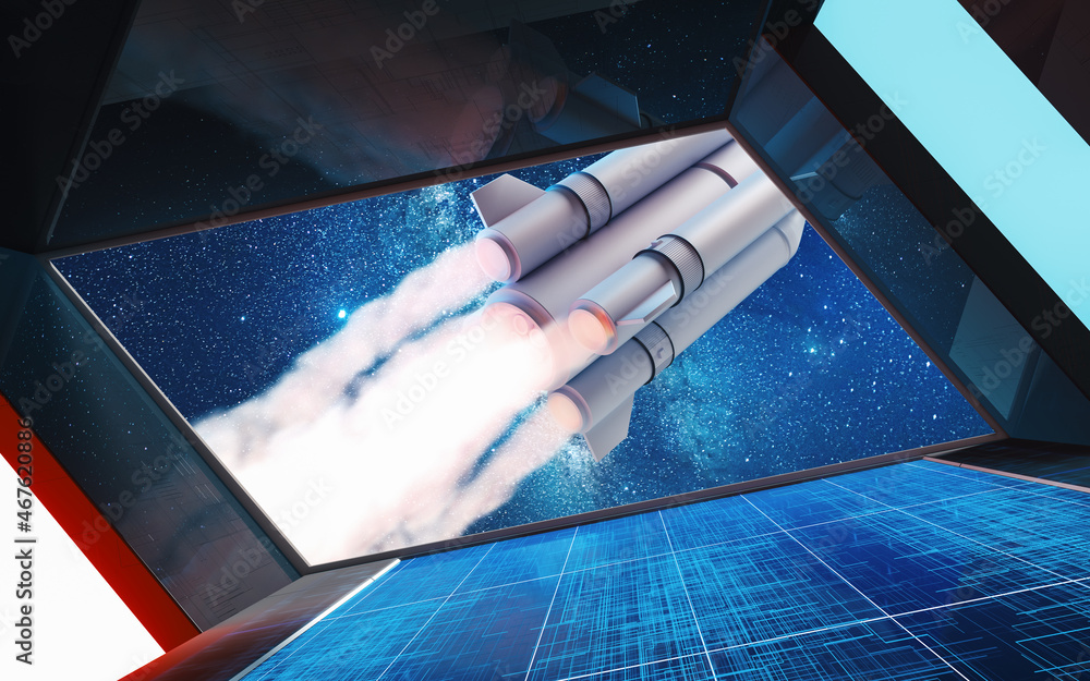 Poster space station view of the rocket, 3d rendering.