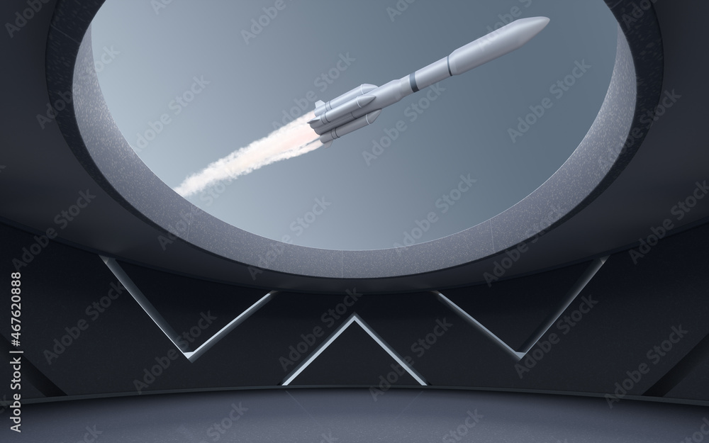Poster a rocket over a round room, 3d rendering.