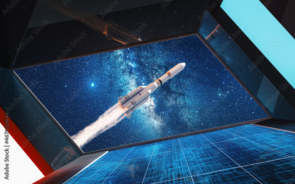 Poster space station view of the rocket, 3d rendering.